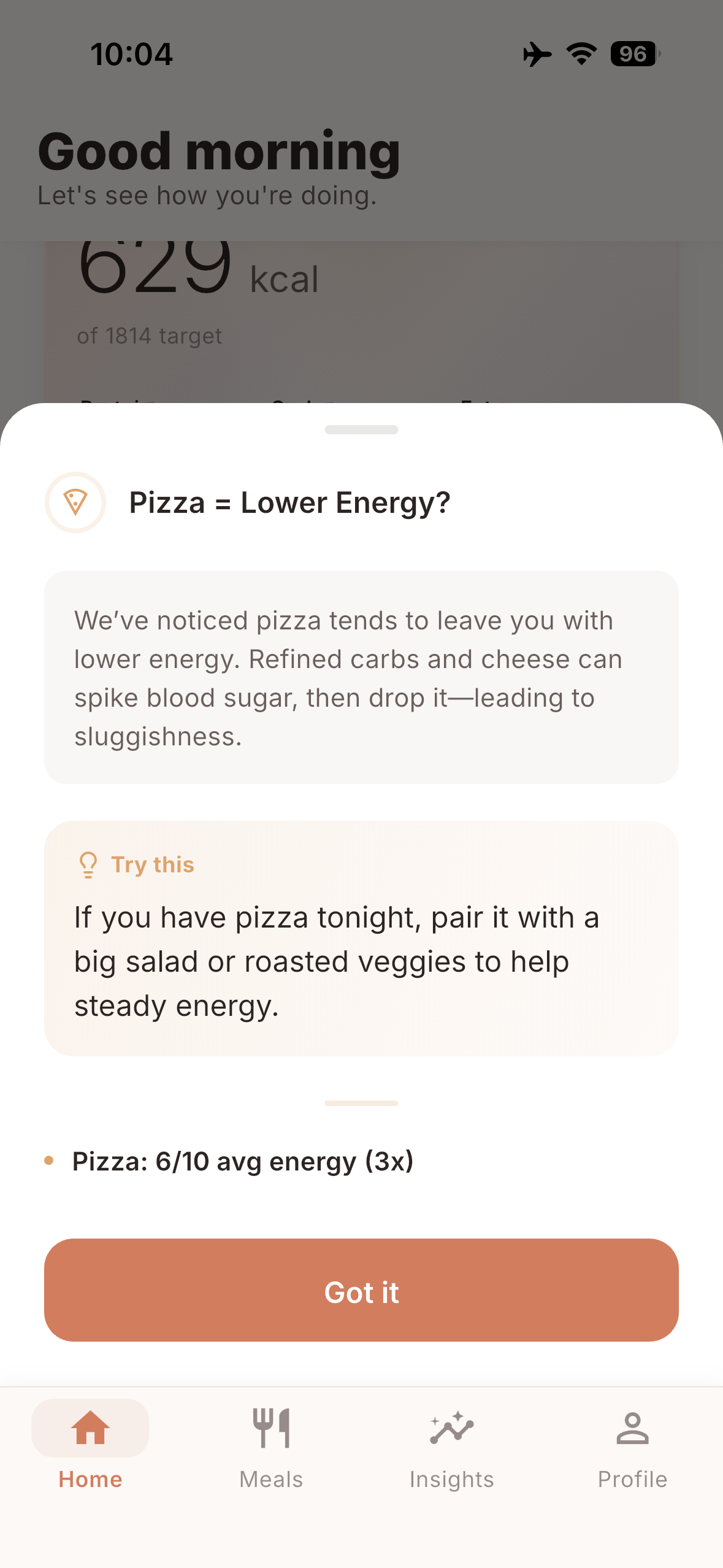 Phine spots a pattern — pizza and lower energy after.